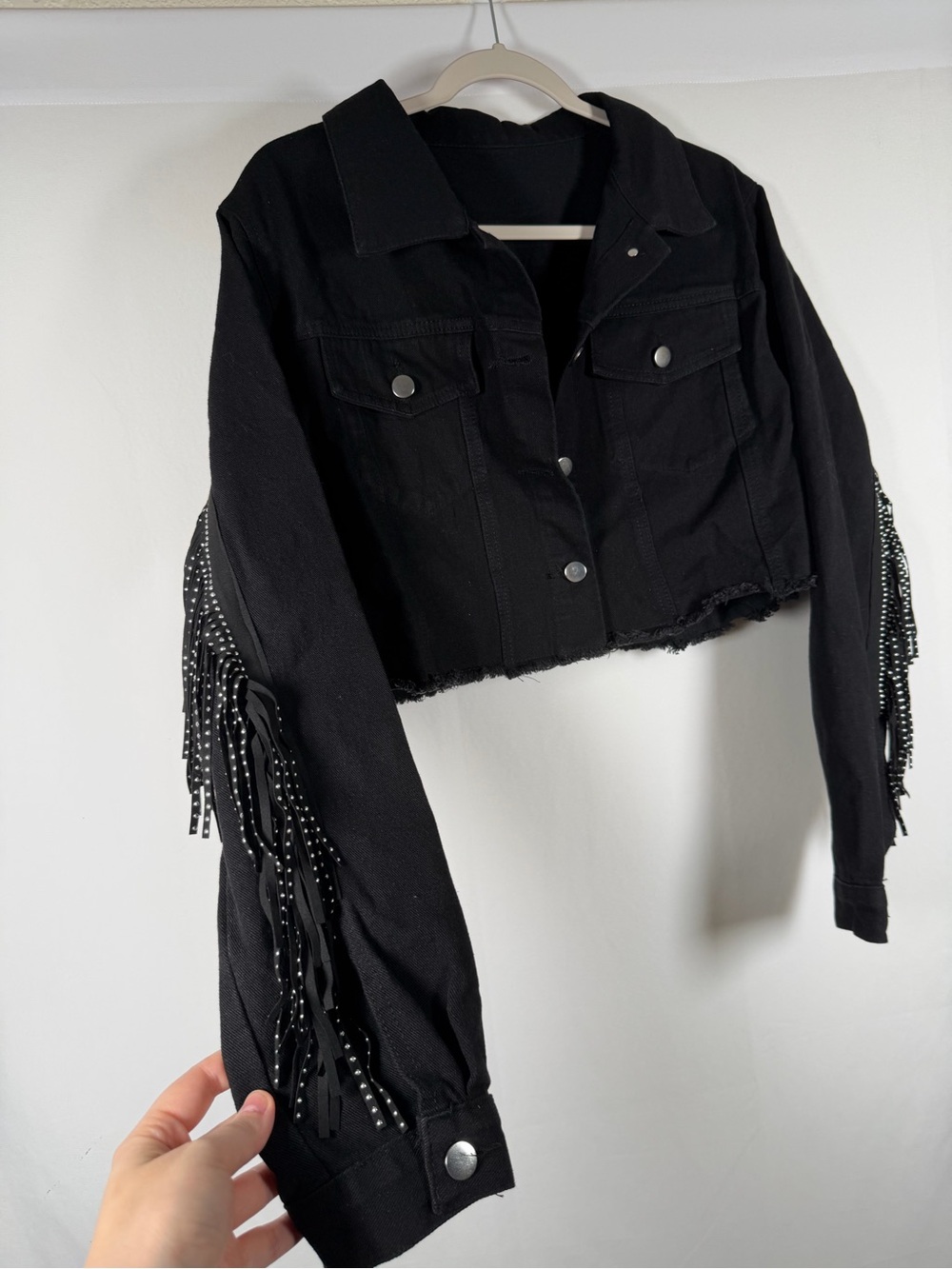 Black Cropped Fringe Denim Jacket Festival, Coastal Cowgirl, Rave